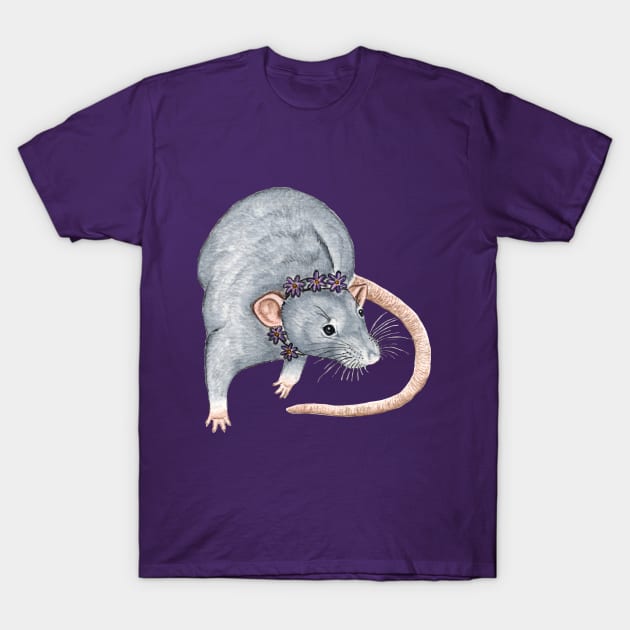 Grey Rat with Flower Headband T-Shirt by WolfySilver